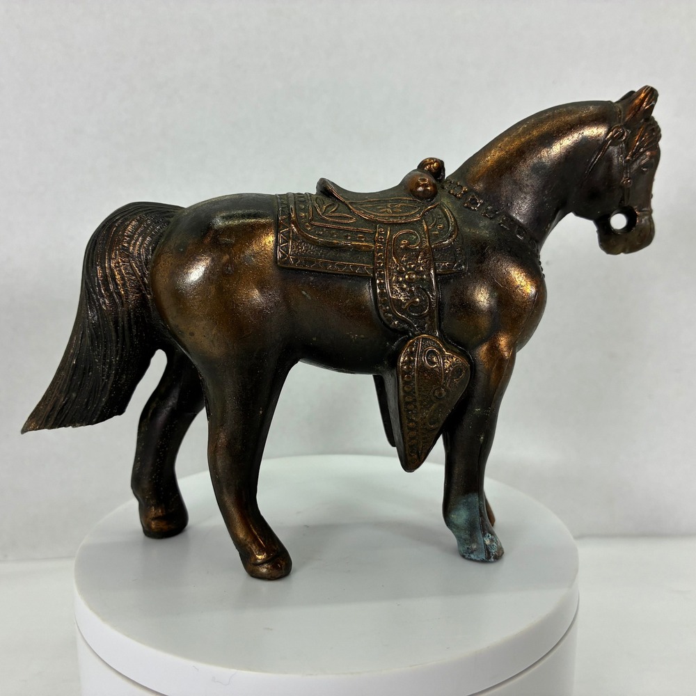 Vintage Bronze Tone Cast Metal War Horse Figurine Ornate Saddle Statue 6 inch